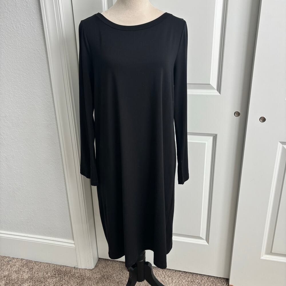 Eileen Fisher Black Tencel Lyocell Stretch Jersey Long Sleeve Shift Dress Medium